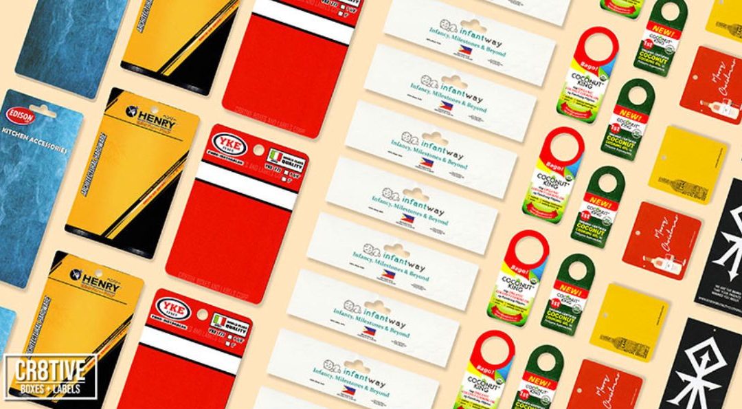 A variety of hang tags arranged diagonally.